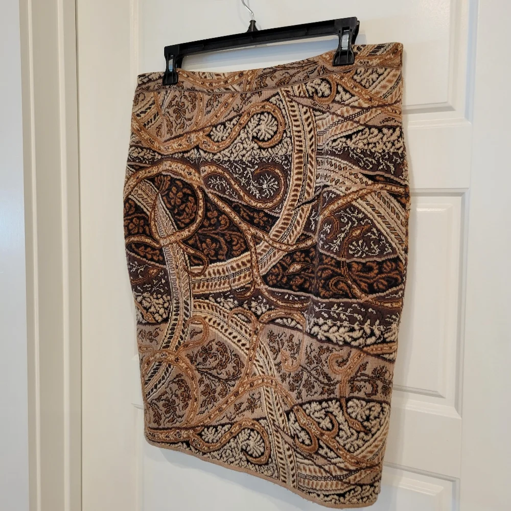 Peruvian Connection Pima Cotton Knit Pencil Skirt Brown Paisley Floral Size LARG